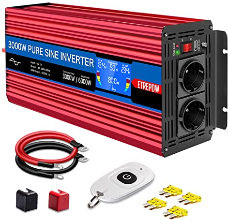 ETREPOW 3000W Convertisseur 12V 220V Pur Sinus Transformateur,Onduleur avec 2 Prises CA, Port USB, Télécommande sans Fil, écran LCD, pour Les Systèmes Solaires, Voiture, Camping,Voyage, Caravane
