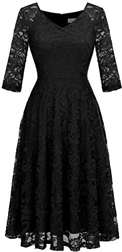 Dressystar Robe de Soirée Cocktail Femme Midi Dentelle Manche Longue sous Genou Robe de Mariage Invitée Col en V Glamour et Chic Noir L