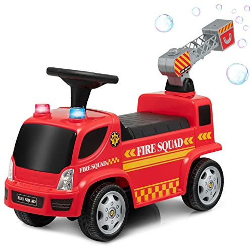COSTWAY Kinder Feuerwehrauto mit Seifenblasenpistole & Leiter, Musik, Scheinwerfer und Sirenenton, Aufsitz Rutschauto für Kinder von 18-36 Monaten, Rot