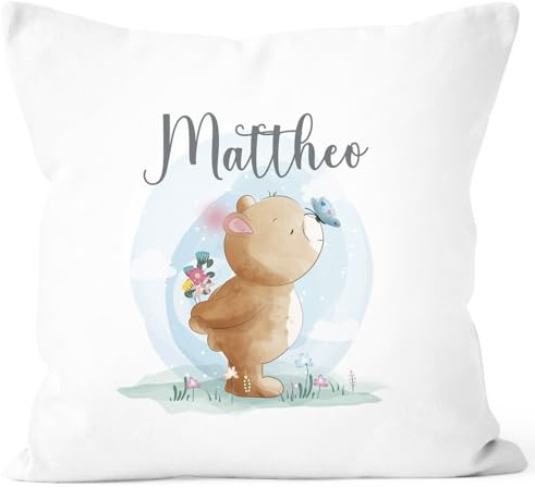 SpecialMe® Kissen-Bezug Kinder Tiermotive Bär, Hase, Fuchs mit Namen Namenskissen Kinder Baby personalisierte Geschenke Weiss Standard