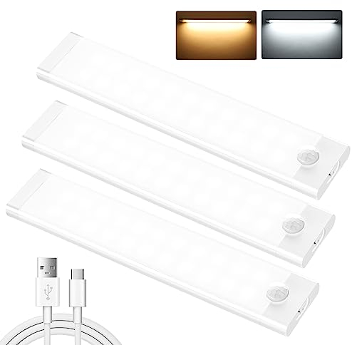 Under Cupboard Kitchen Lights,44 LED Motion Sensor under cabinet kitchen lights,2000mAh USB Type-C Rechargeable Stepless Dimming Wardrobe Light,2 Color Temps Closet Light for Kitchen Stairs Hallway
