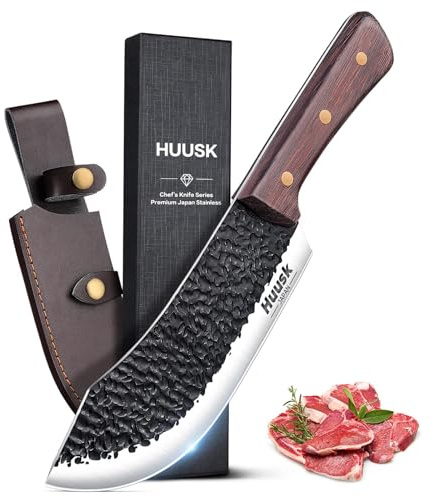 Huusk Meat Cleaver Knife - 7 Butcher Knife for Meat Cutting - Hand Forged Chopping Knives with Ergonomic Handle - Ultra Sharp Kitchen Chef Knives for Home Outdoor BBQ, Gifts for Men and Women