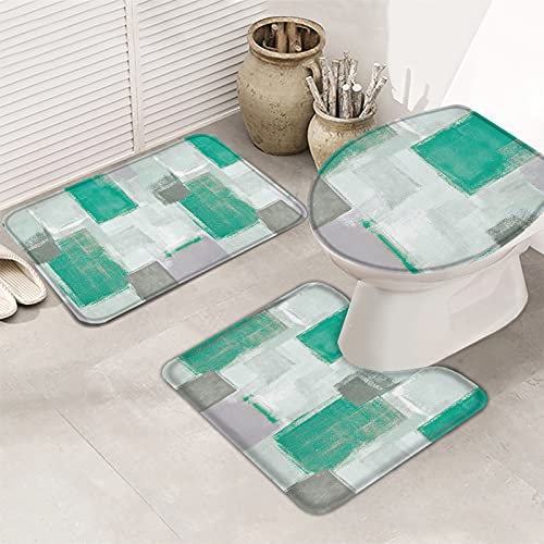 Badematten Set 3 Teilig Modernes Sommer-Ombre-Aquamarin-Blau-Abstrat-Grau-Bauernhof-Ölfarben-Geometrie-Doodle Dekorative Contour Badteppich Anti-Rutsch Wc-Deckelbezug Badteppich
