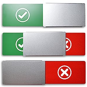 SynMe Frei/Besetzt-Schild Style: ✓ & X Haken & Kreuz - 175x50mm - Design Made in Germany - Gravierte Symbole - Rahmenloses Schild mit Metallschieber - 2 Klebepads der renommierten Marke 3M