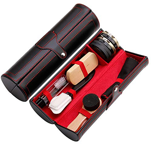 VergilSon Shoe Polish Kit Cleaning Cleaning Shine Care Barrel Set For Leather With Brush Travel Case Luxury Premium Soft Horsehair Bristle Dauber, Wooden Applicator, Shoehorn, Cloth 11 Piece