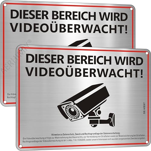 Dieser Bereich Wird Videoüberwacht Schild Aluminium Gebürstet 20x15cm, 2 Stück Videoüberwachung Schild mit DSGVO Hinweis, Mit Selbstklebend, Mit Bohrlöcher