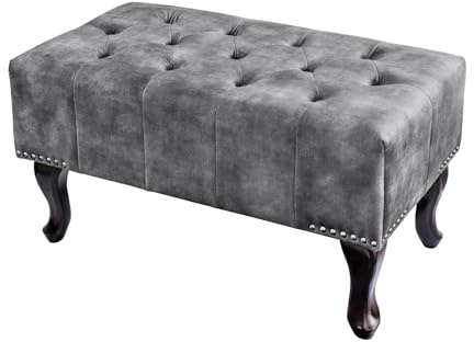 Sitzhocker CHESTERFIELD 80cm - grau - Samt Wellenunterfederung | Sitzmöbel, hoher Komfort, Ziersteppung, hochwertiger Samtbezug