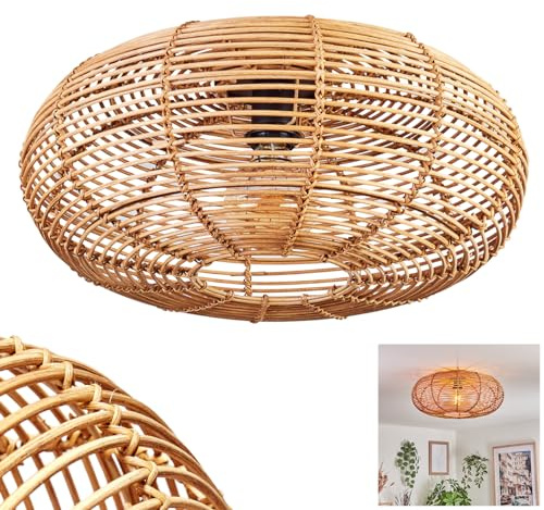 HOFSTEIN Deckenleuchte Mulstrand, Deckenlampe aus Metall/Rattan in Schwarz/Natur, Leuchte im Boho-Design Ø 50 cm, Lichteffekt durch Gitter-Optik, E27, Esszimmmer, Schlafzimmer, Wohnzimmer, Küche