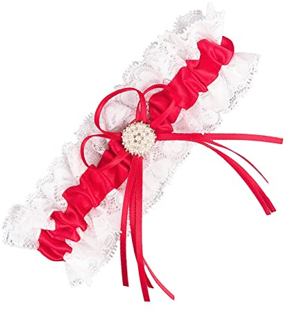 Rockreyoa Jarretière de mariée avec nœud perle en dentelle blanche à volants Jarretière élastique en satin pour femme Cadeau de mariée Accessoires de mariée