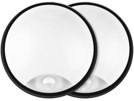 LED Wandlampe für den Außenbereich, rund, 18W, 4000K, 2200lm, IP65 Wasserdicht, LED Deckenleuchte mit Bewegungsmelder für Garten, Terrasse, Garage, Flur, Keller, Wintergarten, Schwarze, 2 Stück