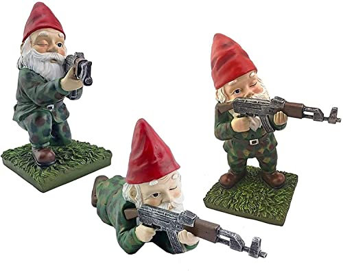 3Pcs Gnome Statues for all, Fun Garden M-ini Gnomes, Gunfighter Patio Sniper Camouflage Dwarf Indoor and Outdoor Decorations