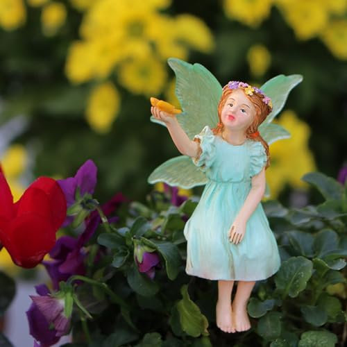 Mini Fairy Figures Miniature Fairies for Fairy Garden Accessories Outdoor Decorative Stakes Little Fairies Figurines Statue Ornaments Cake Decorations Small Resin Gifts Green