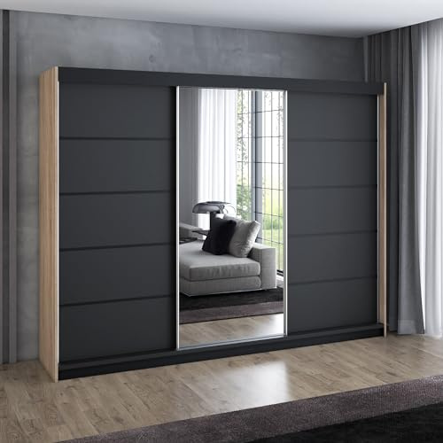 A&J MöbelLand Schwebetürenschrank VILUNO 4 Kleiderschrank 3-türig 200 cm mit Spiegel, 4 Schubladen & 2 Kleiderstangen, Geräumiger Schlafzimmerschrank (Sonoma/schwarz)