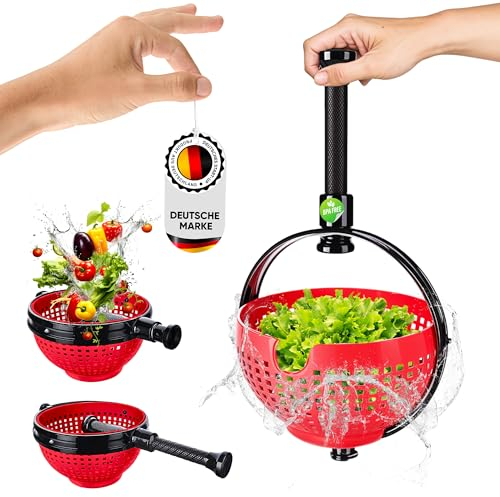 WoonFux® Essoreuse à salade avec poignée pliante pratique – Spinner à salade avec une utilisation minimale de la force par pression – Essoreuse à salade pliable pour votre confort de cuisine (rouge)
