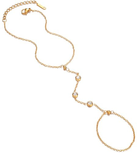 IMINI Bracciale con Anello per Dito CZ Catena a Mano in Acciaio Inossidabile con Catena Schiava in Cristallo Bracciale a Mano Accessori Placcati in Oro 14 Carati Gioielli per Donne e Ragazze