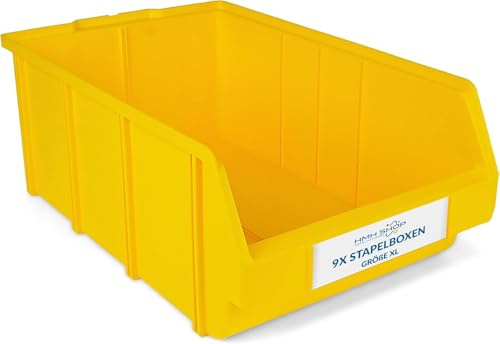 HMH 9x Stapelboxen Größe XL - 489x304x185mm - Werkstatt Garage Keller Sichtlagerboxen Lagerboxen GELB Sichtlagerkästen Kleinteile Aufbewahrung