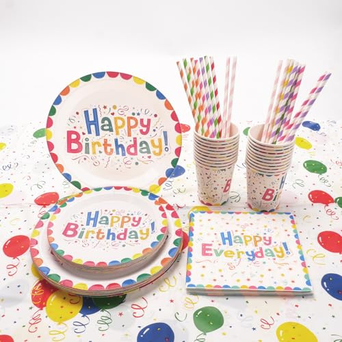 BERRYLION Rainbow Happy Birthday Party Tableware Set 121 Pcs Paper Plates Cups Straws Napkins and Tablecloth Rainbow Birthday Decorations Party Supplies for 20 Guests