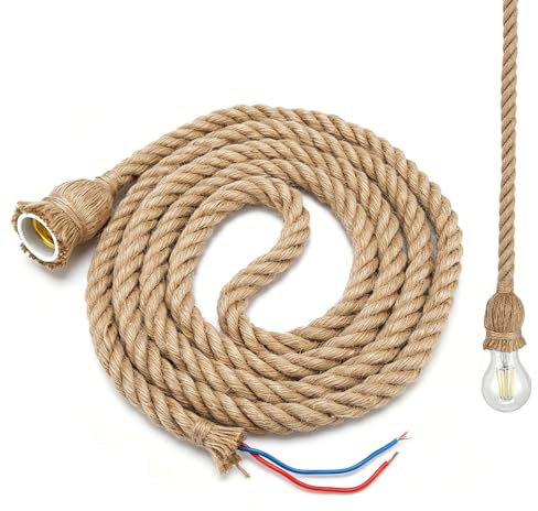 Gsycle 1 Kopf Vintage Hanf Seil Pendelleuchte, 3 m E27 Hanfseil-Deckenleuchtensockel, Pendelleuchte, Lampenfassung, Hängeleuchte für Speisesaal, Restaurant, Café, Bar, Landhausstil, 85–265 V