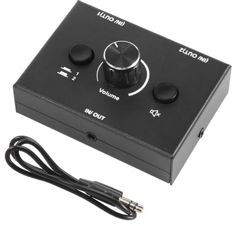Kopinma 3,5mm Audio Switch 2(1)-In-1(2)-Out, Analog Stereo Sound Umschalter, Audio-Splitter-Schalter, Audio-Switcher-Box, EIN-Tasten-Stummschalttaste für Radio Phone Lautsprecher Kopfhörer PC