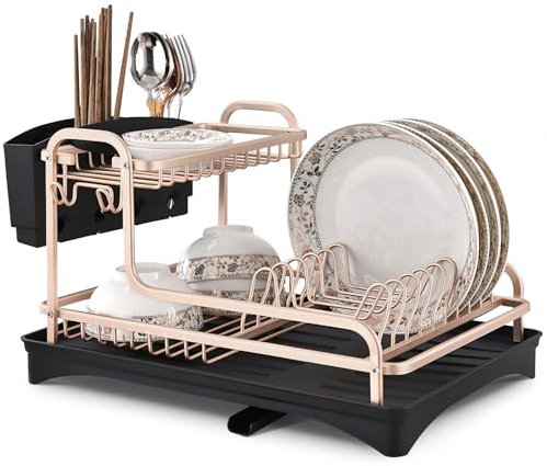 Warmiehomy Aluminum Dish Drainer Rack 2 Tier Dish Rack with Swivel Drainage Spout, Compact Draining Board Rack Kitchen Drying Rack with Removable Utensil Holder for Kitchen Counter, Rose Gold