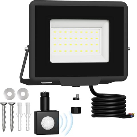 30W utomhus LED-strålkastare med rörelsedetektor, avtagbar sensor, IP65 vattentät, 3 000 LM, 6 500K, kall vit, säkerhetsplats för trädgård, garage och gård
