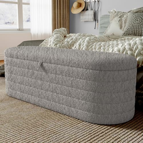 Merax Sitzbank mit Stauraum 120cm, Teddyfleece Sitzhocker für Wohnzimmer, Schlafzimmer, 120L x 40B x 40H cm, Grau