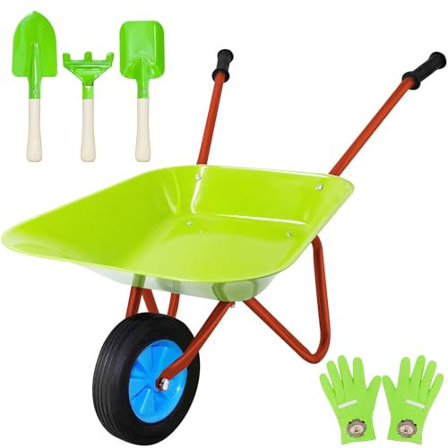 YORFULL Carriola Bambini Set, Carriola da Giardino in Metallo, Attrezzi da Giardino per Bambini, Kit Giardinaggio Bambini per Giocare All'aperto