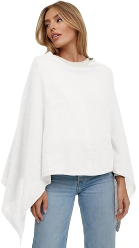 GLAMEXX24 Poncho da donna a maglia, tinta unita, lavorato a maglia fine, maglione a tracolla, eleganza stile e comfort per la primavera e l'autunno Made in Italy, bianco, L - XL