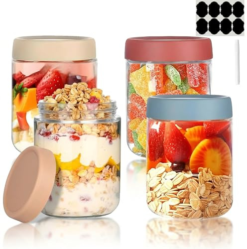 Overnight Oats Jar, 4 Pcs Glass Container with Sealed Screw Lid, 16 Oz Wide-Mouthed Sealed Food Storage Container, Mason Salad Jar is Used to Store Grains, Yogurt, Fruits, Candies, and Jams.