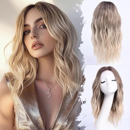 YaissmyLu Mittellange Ombre Blonde Wellige Perücken Ash Dirty Blonde Mittelscheitel Synthetische Haar(45 cm)