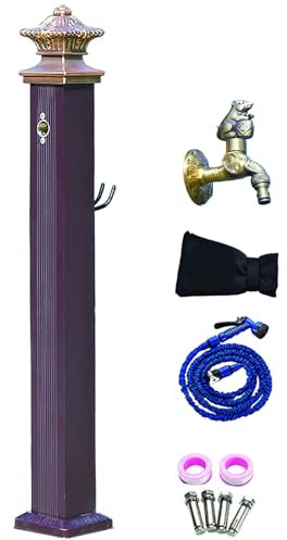 Fontana da Giardino, Colonna Acqua Giardino in Alluminio Inossidabile, Fontana da Esterno con Rubinetto Interamente in Rame e Pistola a Spruzzo 114 cm