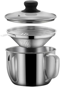 Tuesoa Séparateur de Graisse en Acier Inoxydable 1 L/4 Tasse, Séparateur de Graisse à Sauce avec Passoire et Couvercle en Verre, Tasse Séparateur D' de Soupe