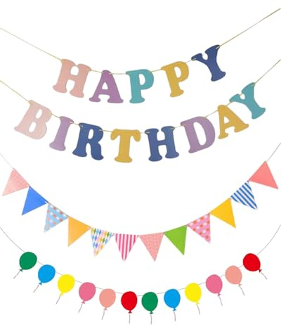 JUKOTA 3 Pcs Happy Birthday Girlande,Girlande Geburtstag Bunte,Geburtstagsgirlande,Papiergirlande,Herzlichen Glückwunsch Girlande,Happy Birthday Girlande Stoff für Erwachsene Kinder Mädchen Junge