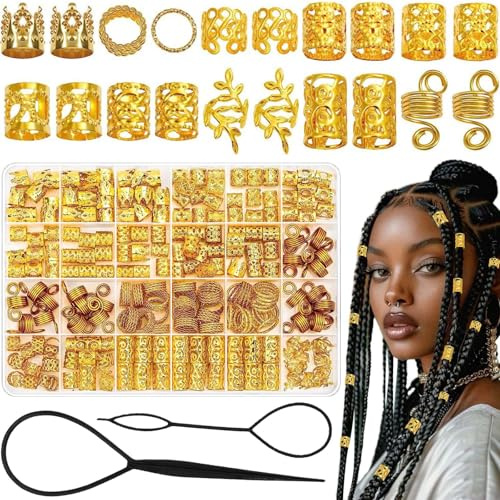 Lot de 220 Dreadlocks Perle Cheveux,Bijoux Cheveux Tresse Doré avec Boîte Rangement e Tresse Outil de Coiffure,Réglable Bague Cheveux,Tresse Bijoux Idéal pour Hommes et Femmes
