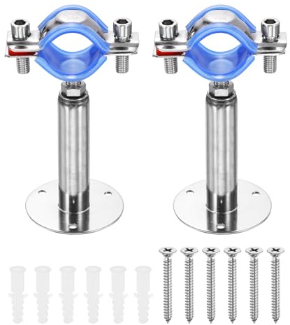 sourcing map 2 Set Wall Mount Ceiling Mount Pipe Supports 304 Stainless Steel Adjustable Pipe Bracket Clamp with Screws for OD Pipe 1.3-1.3 (32-34mm) Adjustable Height 100-150mmmm