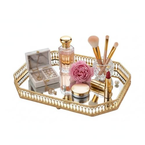 Luxe Metall Dekotray mit Spiegeluntergrund, 28x20cm Oktagonaler Servierteller für Bad & Wohnzimmer - Ideal für Kosmetik, Kerzen & Geschenke