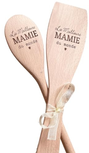 Coffret Cadeau Mamie – Set Cuillère en Bois Gravée “La Meilleure Mamie du Monde” – Spatule + Cuillère Bois Naturel – Idée Cadeau Fête des Grands-Mères, Anniversaire, Noël