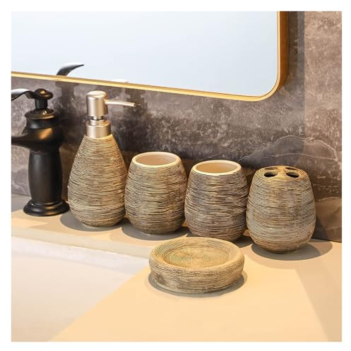 Bathroom Sets Juego de Accesorios baño 5 Piezas: dispensador loción cerámica Moderna a Rayas y Soporte for cepillos Dientes Coastal Decor(Black)
