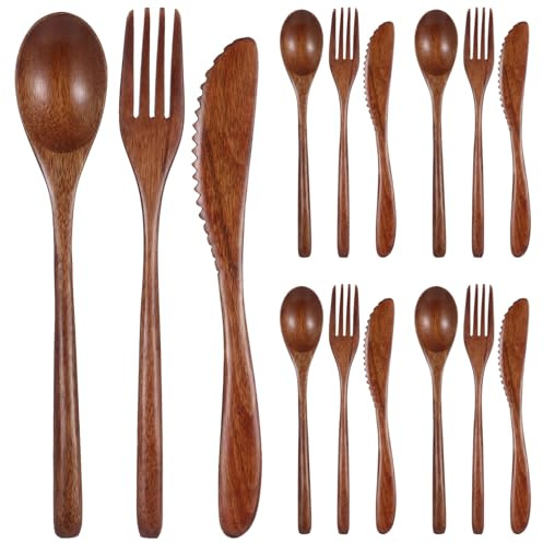 24 Pcs Wooden Utensil Set for Eating, Including Wood Spoon Fork Knife Cutlery, 8.9 in Long Handle, Portable Lightweight Nanmu Tableware for Camping, Picnic