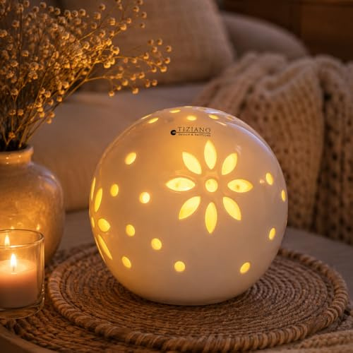 Tiziano® Deko Lichtkugel LED Creme-weiß (12cm) - Hochwertige Keramik mit glänzendem Blumen-Lochmuster für stimmungsvolle Beleuchtung - Ideal für Wohnzimmer & Fensterbank - Lichtkugel Leuchtkugel