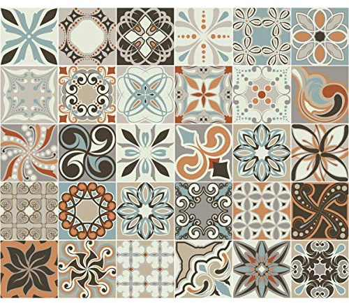 30 Stickers adhésifs carrelages | Sticker Autocollant Carreaux de Ciment - Mosaïque carrelage Mural Salle de Bain et Cuisine | Carreaux de Ciment adhésif Mural - azulejos - 20 x 20 cm - 30 pièces