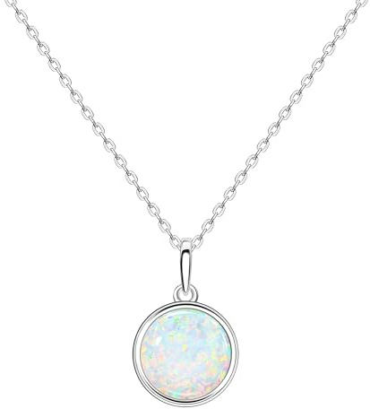 KristLand Moonlight Kette Damen Erstellt Weißer Opal Anhänger aus Sterlingsilber mit Anhänger kreisförmig Kreis Form Geschenk für Frauen/Mädchen/Hochzeiten/Party 16MM Opal