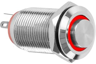 WITTKOWARE 14mm Metall-Druckschalter, Einbau-Ø 12mm, IP67, mit LED-Ringbeleuchtung (5-14V), 1x EIN/AUS (2A/250V~), Lichtfarbe rot