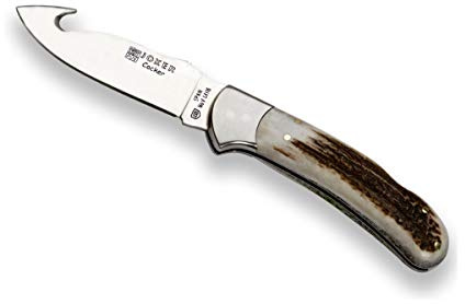 Joker Navaja desolladora Cocker NC50, hoja de 9 cm MOVA, mango de asta de ciervo, virola inox, herramienta de pesca, caza, camping y senderismo