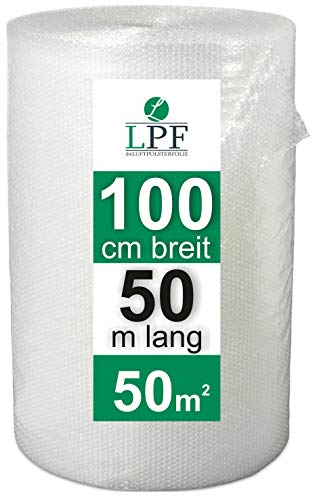 LPF dieLUFTPOLSTERFOLIE Luftpolsterfolie 100cm x 50m Verpackungsfolie Blisterfolie Noppenfolie Polsterfolie Umzug 1m Knallfolie Polstermaterial Versand Transparent Umzugfolie bubble wrap