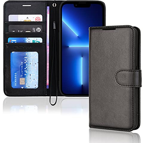 TECHGEAR iPhone 13 Pro Max Leather Wallet Case, Flip Protective Case Cover with Wallet Card Holder, Stand and Wrist Strap - Black PU Leather with Magnetic Closure Designed for iPhone 13 Pro Max 6.7