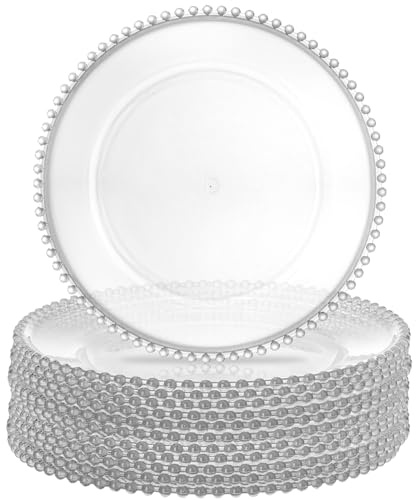 Lawei 12 Pack Clear Plastic Charger Plates with Bead Rim, 13 Inch Plastic Round Serving Plates Decor Dinner Plates for Party Wedding Events Dinner Decoration