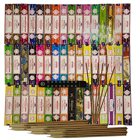 Satya Incense Sticks Variety Pack of 12 Randomly Selected Fragrances and Incense Stick Holder Bundle Total 180 Sticks