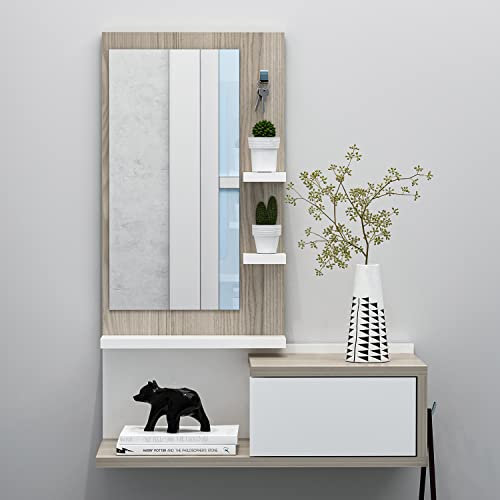 HOMIDEA ENKI Mobili ingresso sospesi - Mobile da corridoio - Armadietto a specchio - Pensile per ingresso con cassetto, specchio e mensola in stile moderno (Bianco/Avola)
