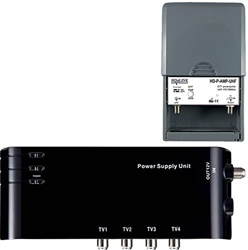 LEYF Amplificatore + Alimentazione 4 Uscite TV per Antenna Terrestre TNT/Preamplificatore HDTV Ampli per TNT HD Signal